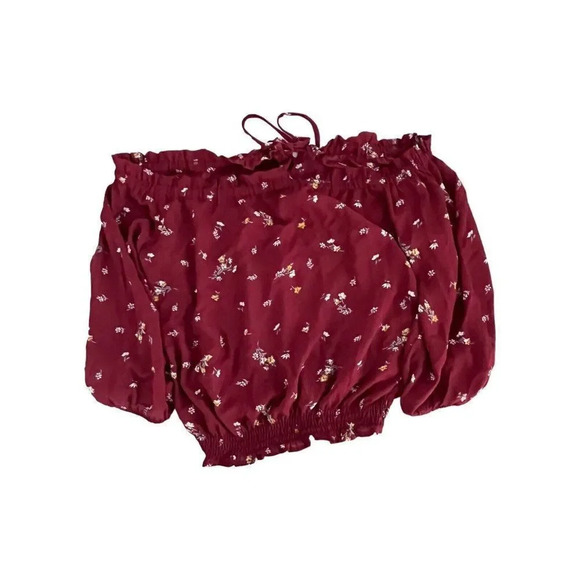 Papermoon Womens Wine Floral Flowy Crop Top Blouse Size Large Ties 3/4 Sleeves - Picture 6 of 10